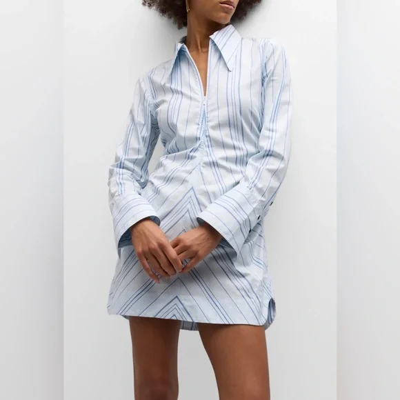 GANNI Striped Twill Fitted Zip-Front Tunic Dress - Picture 5 of 9